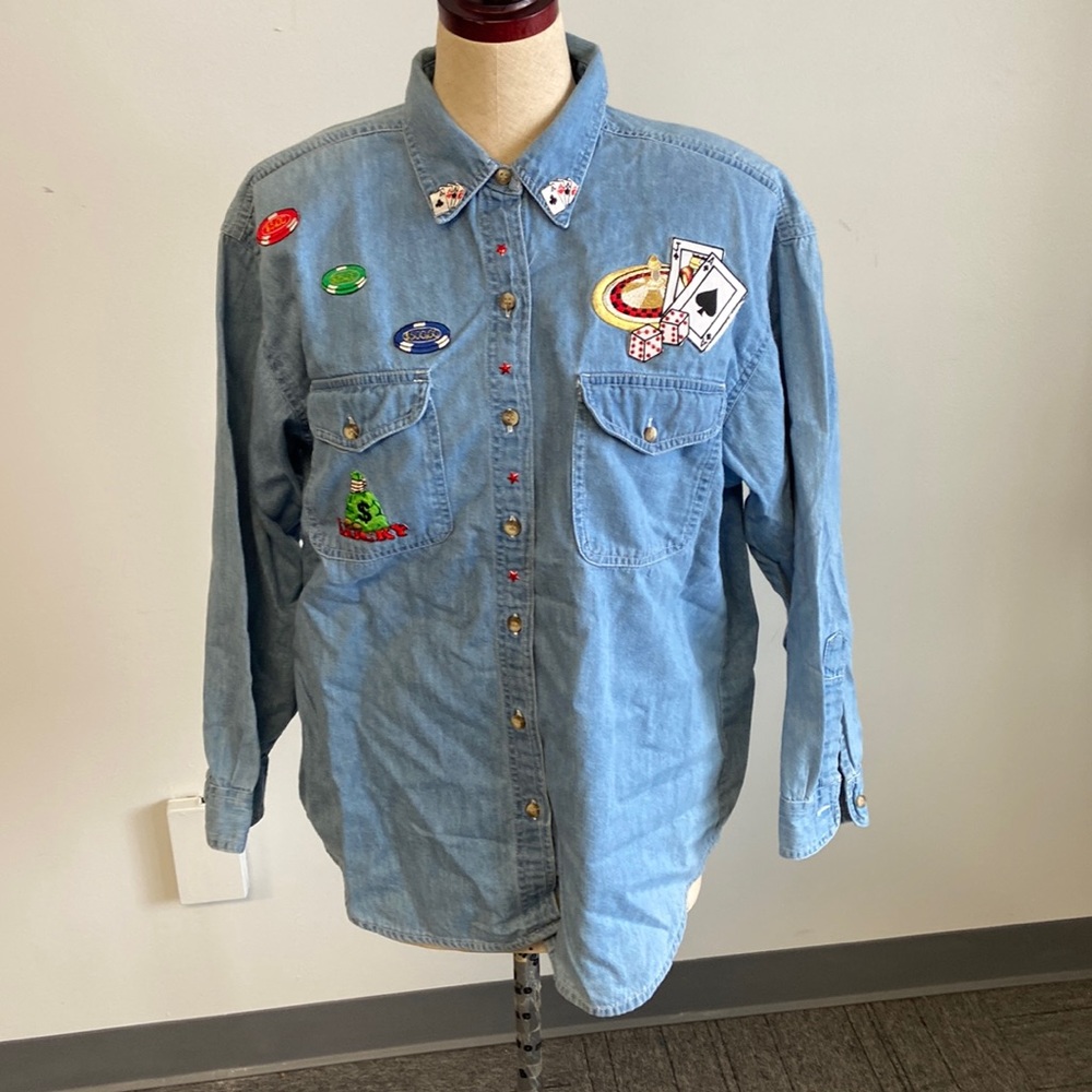 Get Lucky Blue Jean Button Down Top Casino Theme applique